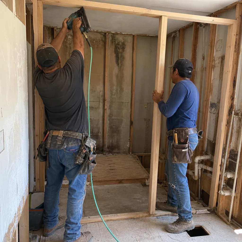 Two contractors framing a wall during a professional bathroom remodeling project in Fort Worth, TX