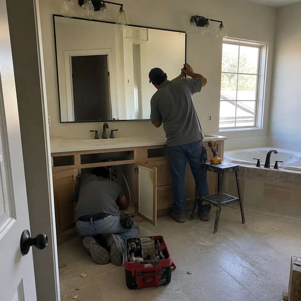 Contractors performing bathroom remodeling and sink plumbing installation