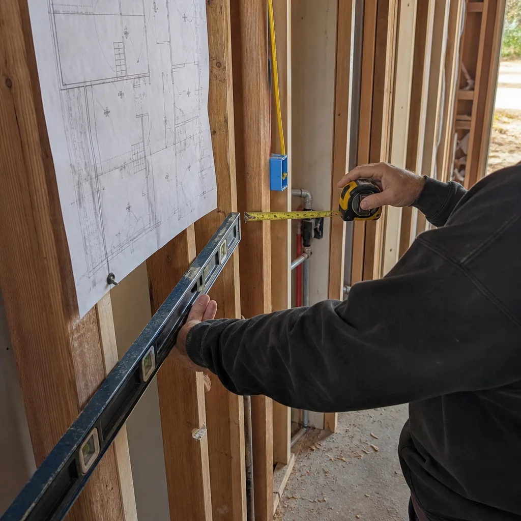 General contractor measuring wall studs with a level and tape measure