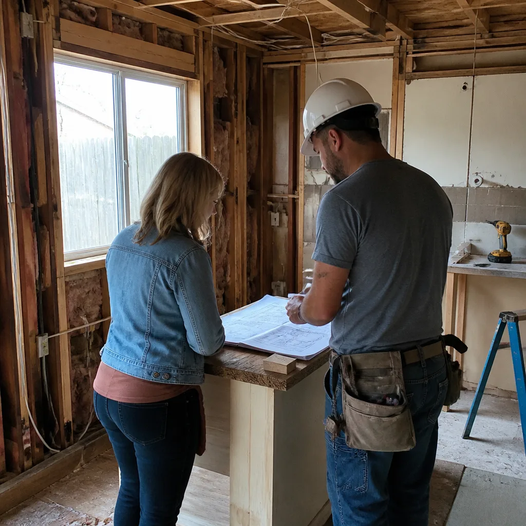 General contractor and client reviewing blueprints at a construction site