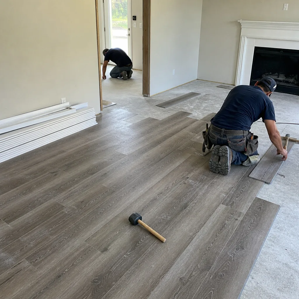 Two professional contractors installing wood plank flooring during a home renovation. in Fort Worth, TX