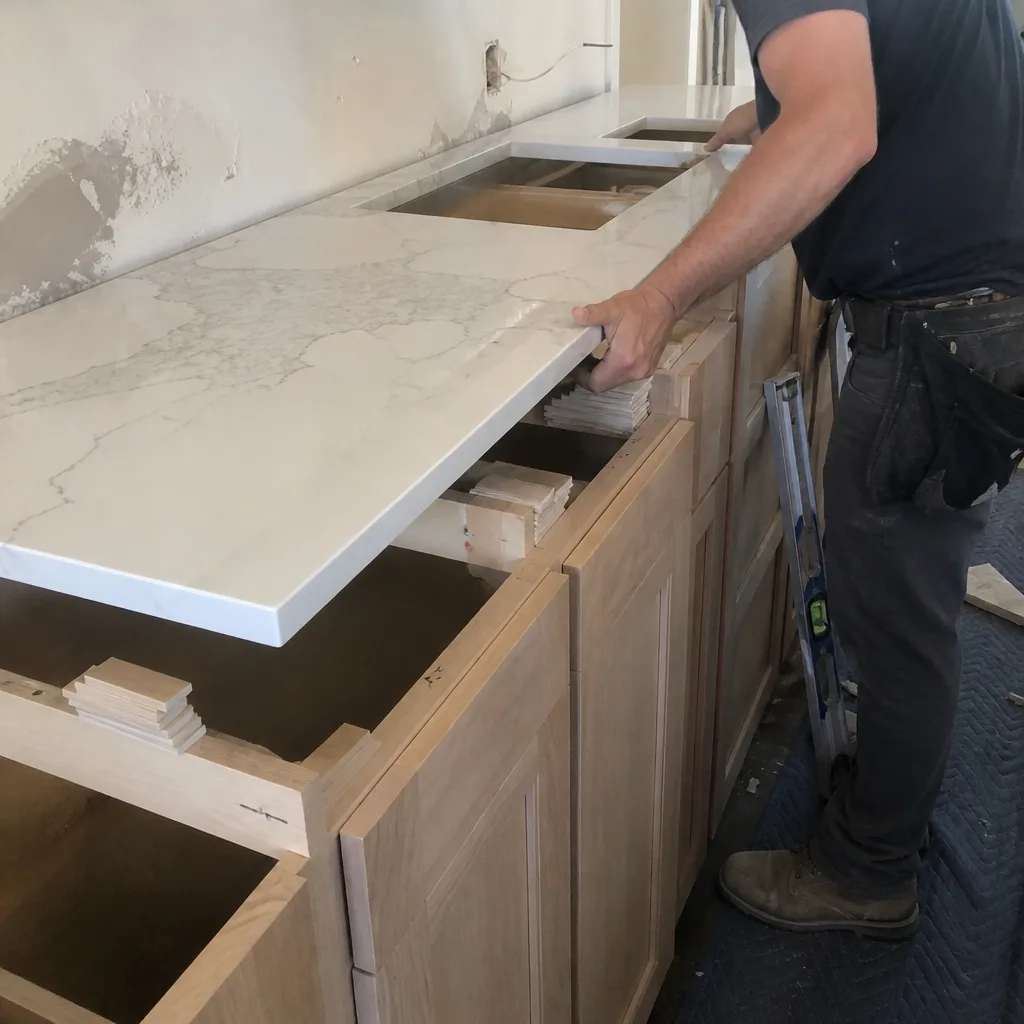 Professional contractor installing marble kitchen countertop on wooden base cabinets