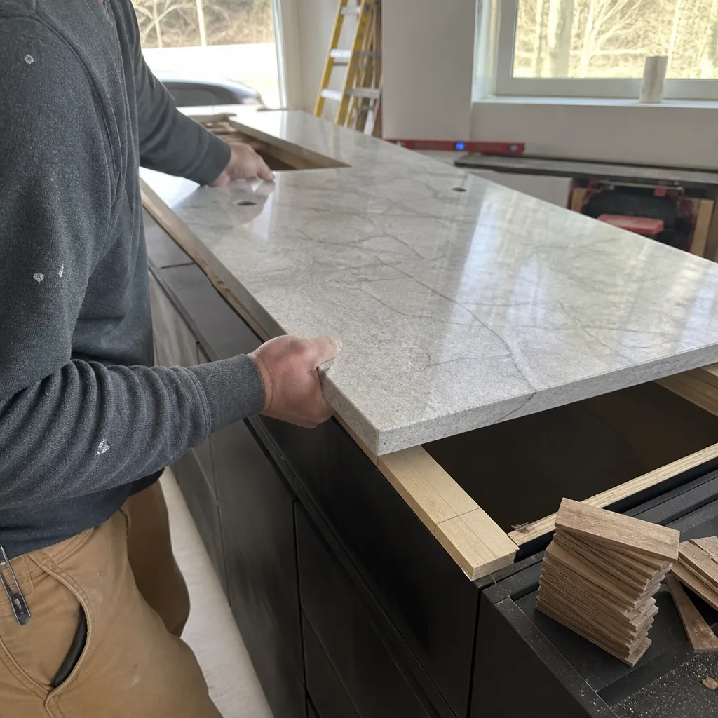 Contractor installing a stone kitchen countertop during a home remodeling project