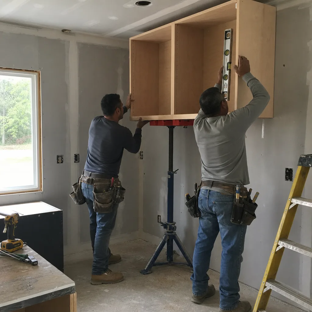 Two professional contractors installing upper kitchen cabinets using a support jack