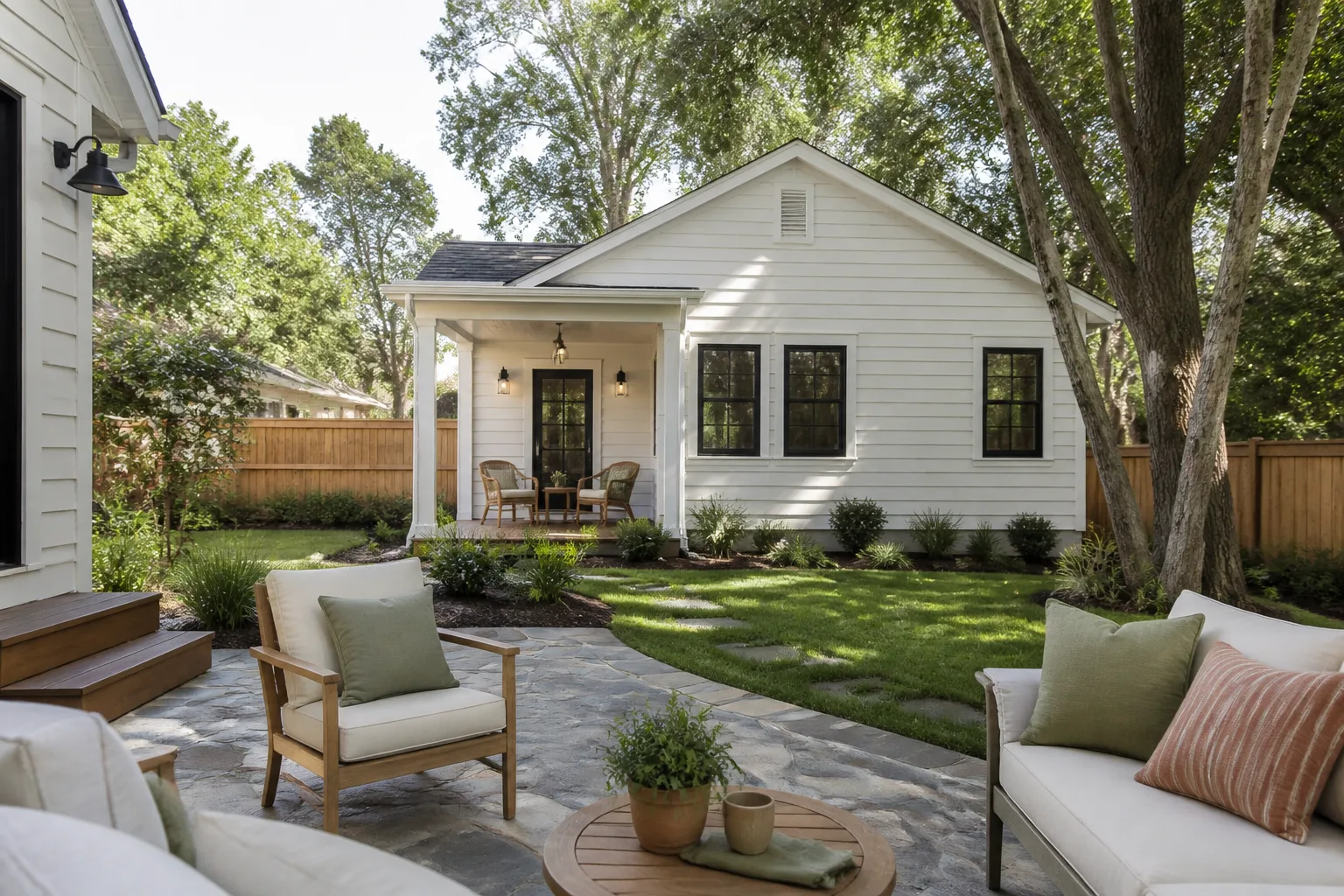 A finished backyard cottage with a small covered porch